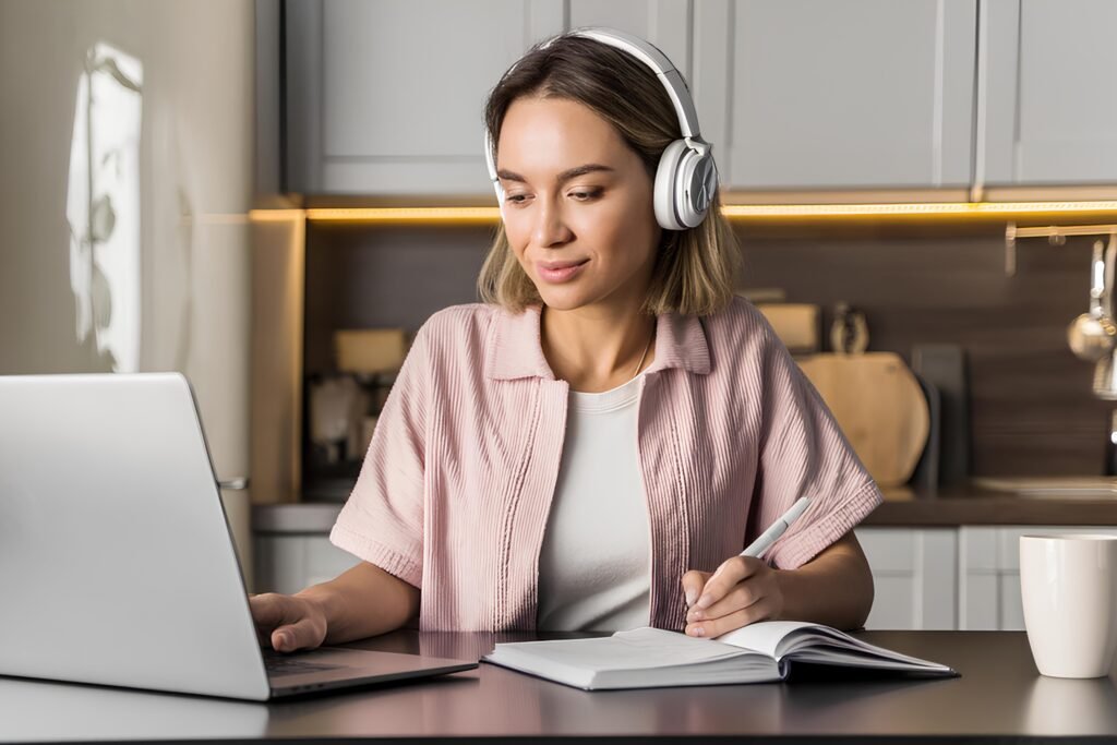 A student writes notes in a notebook, studies on the Internet. Young girl student listens to online learning lectures using headphones. A woman at a table at home uses a laptop.
