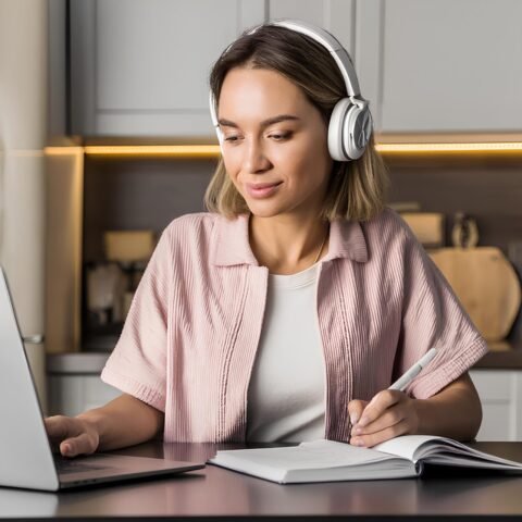 A student writes notes in a notebook, studies on the Internet. Young girl student listens to online learning lectures using headphones. A woman at a table at home uses a laptop.