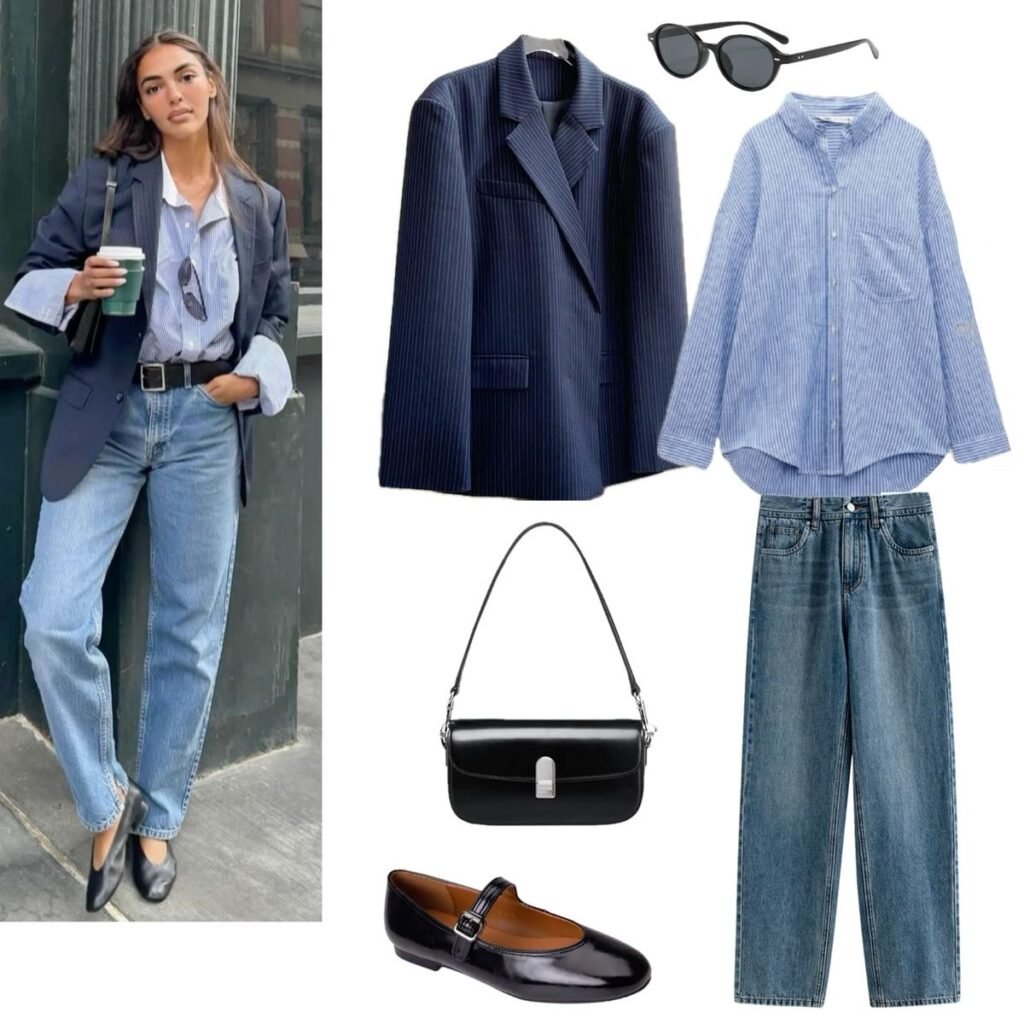 light blue shirt + indigo jeans + dark blue