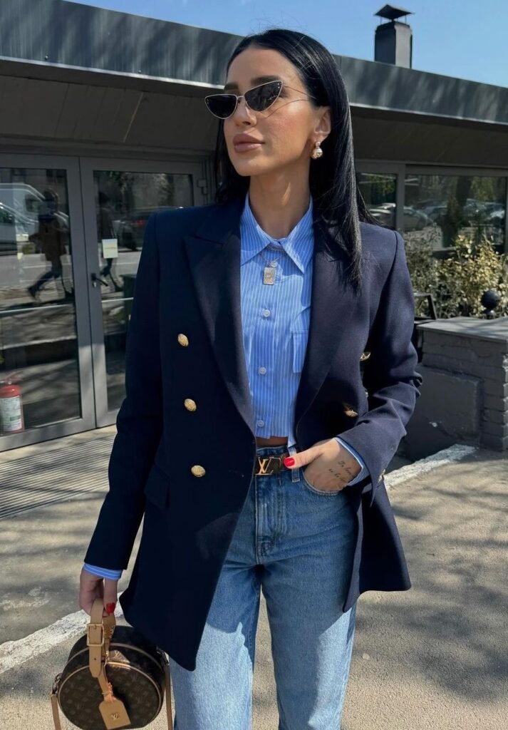 light blue shirt + indigo jeans + dark blue jacket